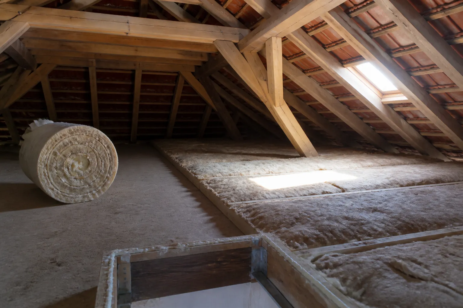 Combles perdus en cours d’isolation, isolant déroulé entre solives sur une moitié du plancher et trappe d’accès ouverte