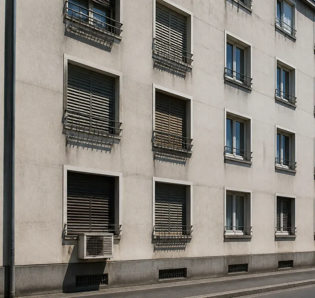 Façade d’immeuble d’habitation en plein soleil, une partie des baies portant une occultation extérieure à lames et l’autre entièrement nue