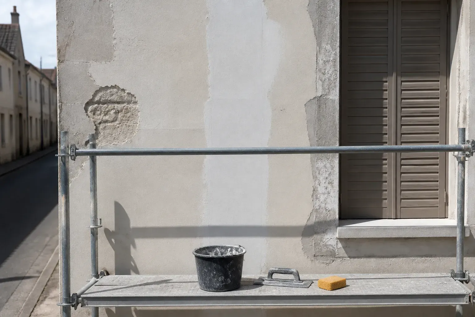 Mur de façade en cours de remise en état, plages d’enduit dégarnies et réparation fraîche en teinte plus claire