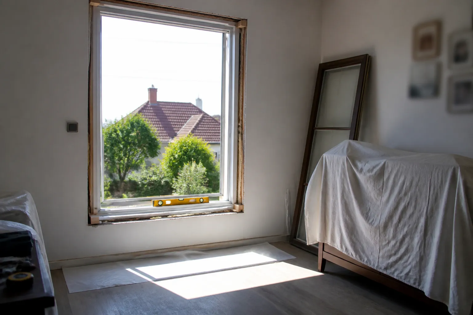 Pose de menuiserie dans un logement habité, protection tendue à l’entrée de la pièce et dormant neuf calé dans le tableau